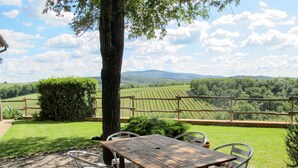A table and chairs set outdoors with a view of a vineyard and hills in the background.