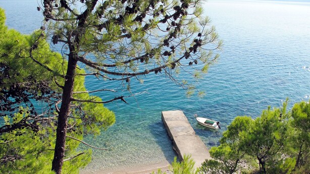 A clear view of a beach with a concrete pier extending into the water, surrounded by pine trees. - Apartment Nina by Interhome (Omiš)