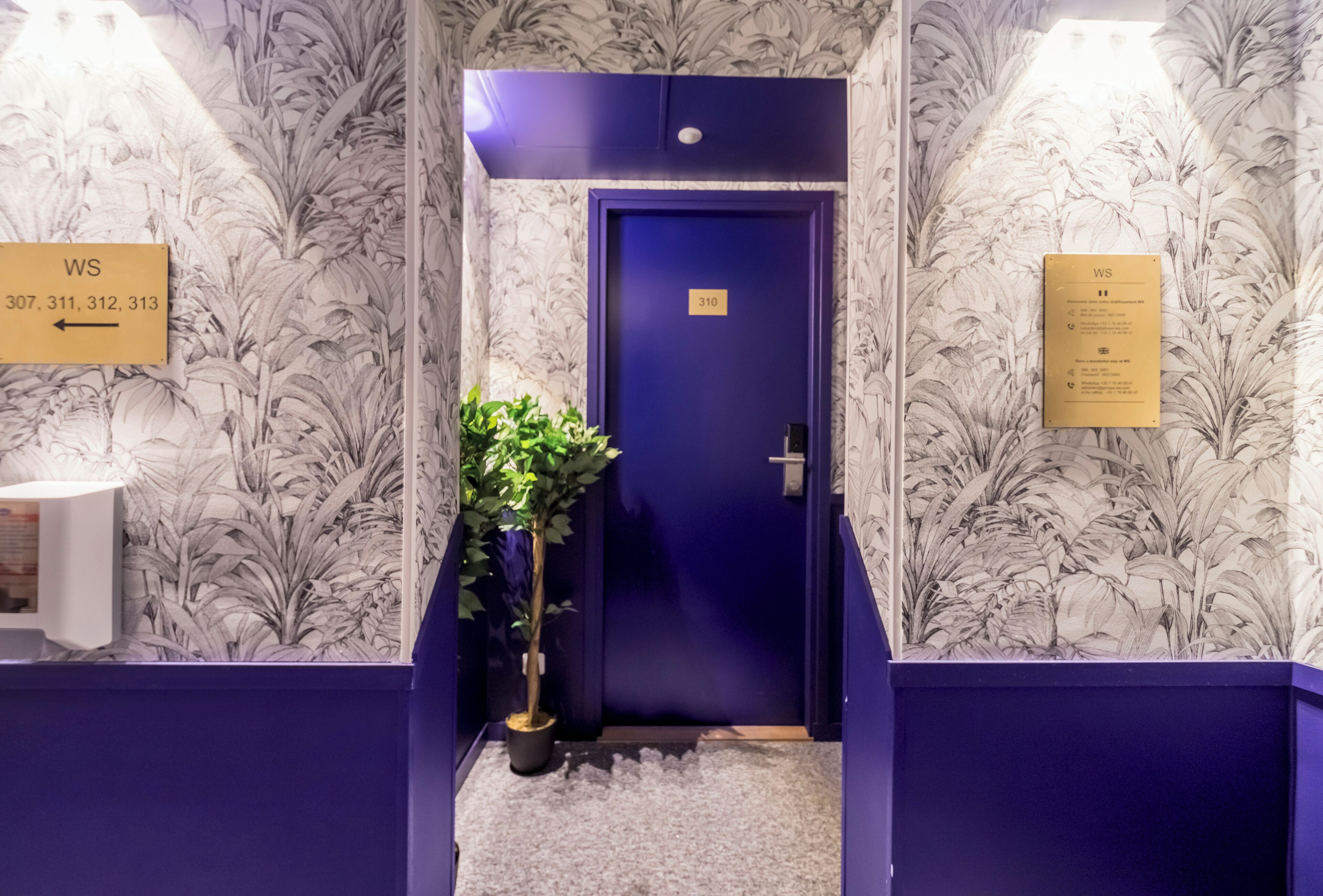 Un pasillo con una puerta azul marcada con el número 310, una planta en maceta y un cartel con los números de habitación 307, 311, 312 y 313.