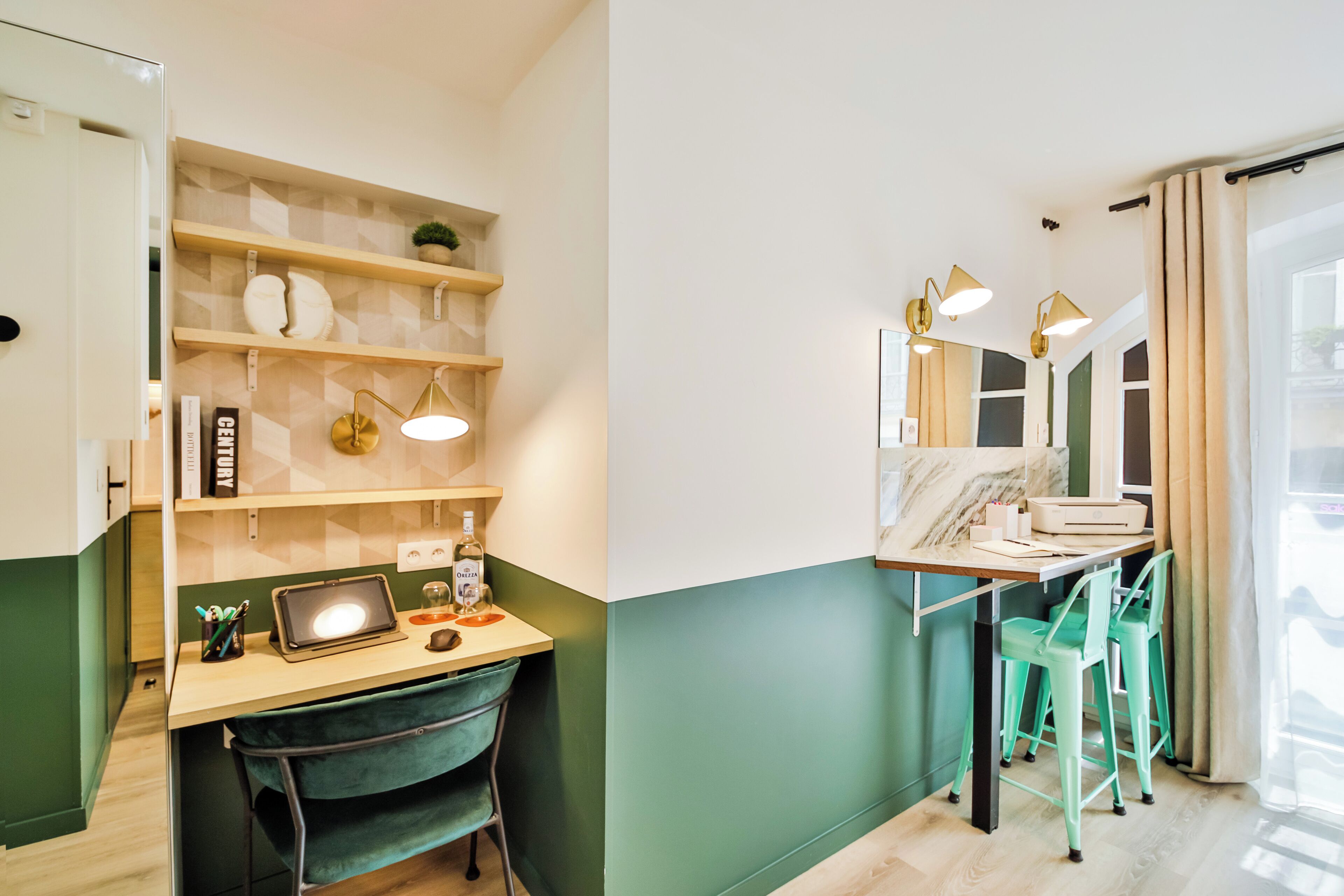A modern bathroom with a vanity, shelves, and a mirror.