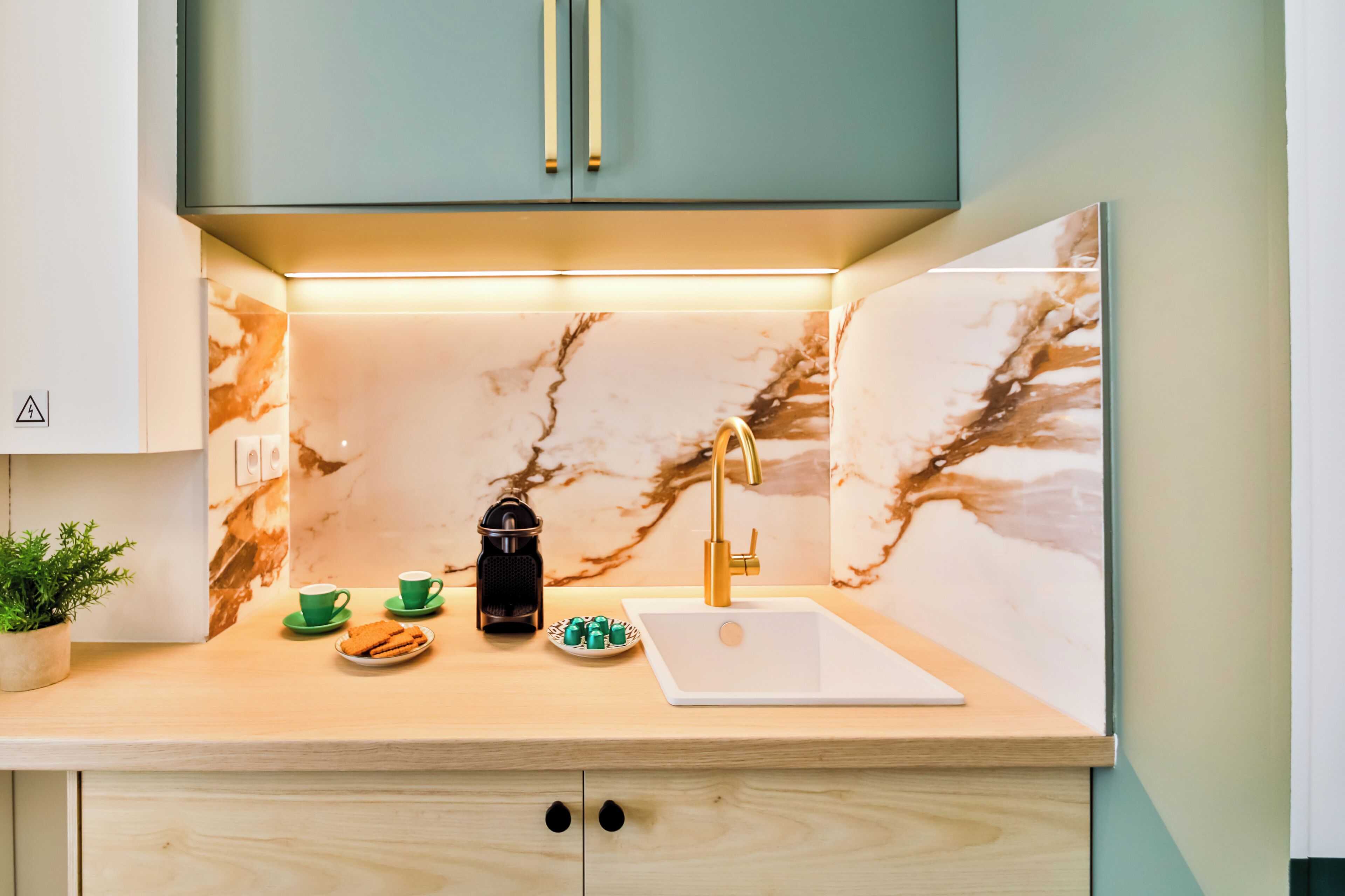 A modern kitchen with a marble backsplash, a white sink, a coffee machine, and a potted plant.
