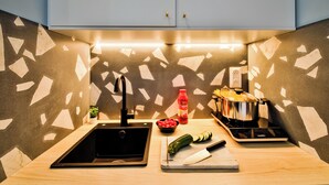 A kitchen with a sink, countertop, and a pot on the stove. - WS Louvre - Saint-Roch (Paris)