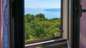 Ein Fenster mit Blick auf eine üppige grüne Landschaft und ein Gewässer in der Ferne.