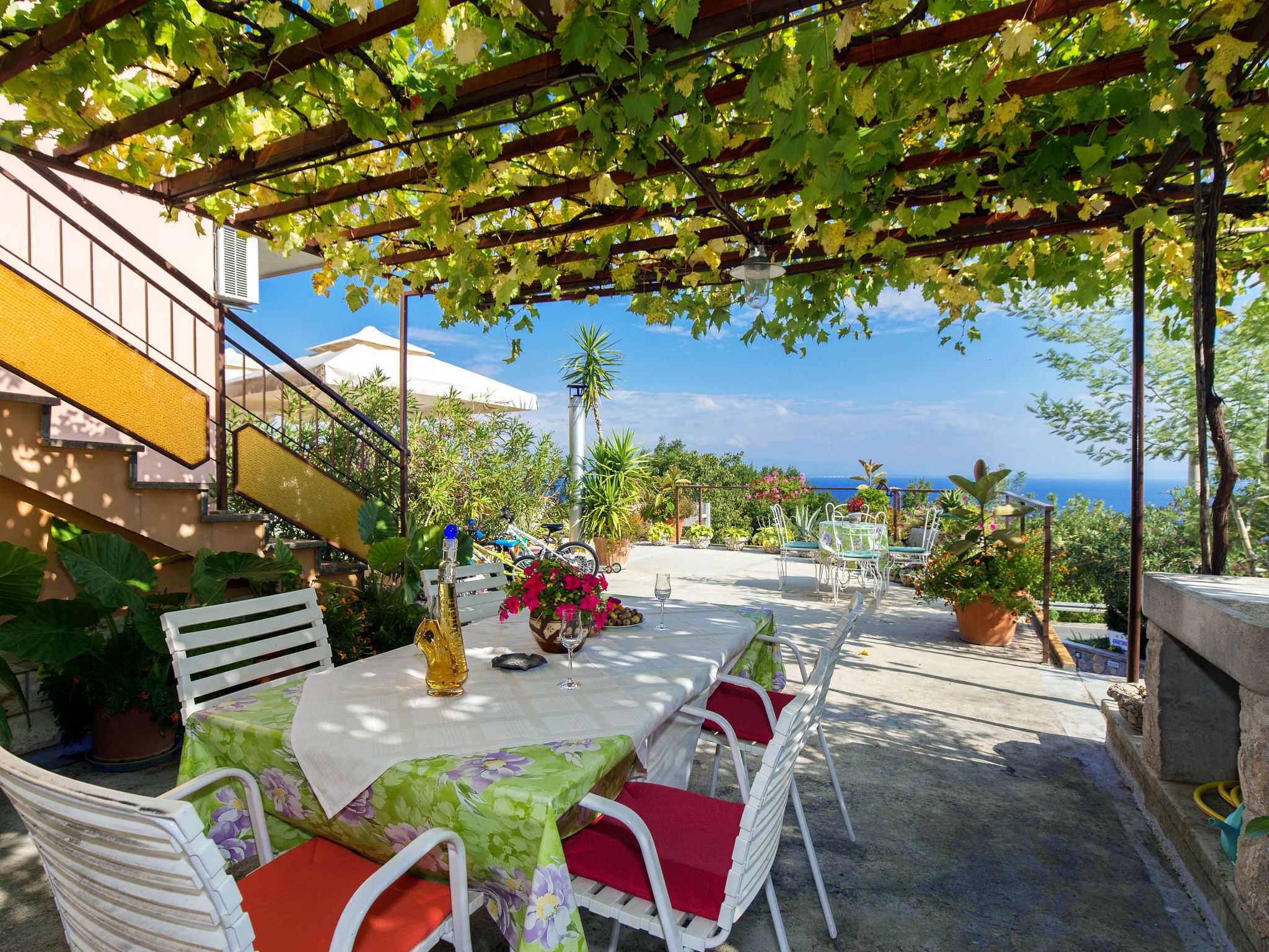 An outdoor patio with a table set for two, surrounded by white chairs with red cushions, under a pergola covered with green vines.