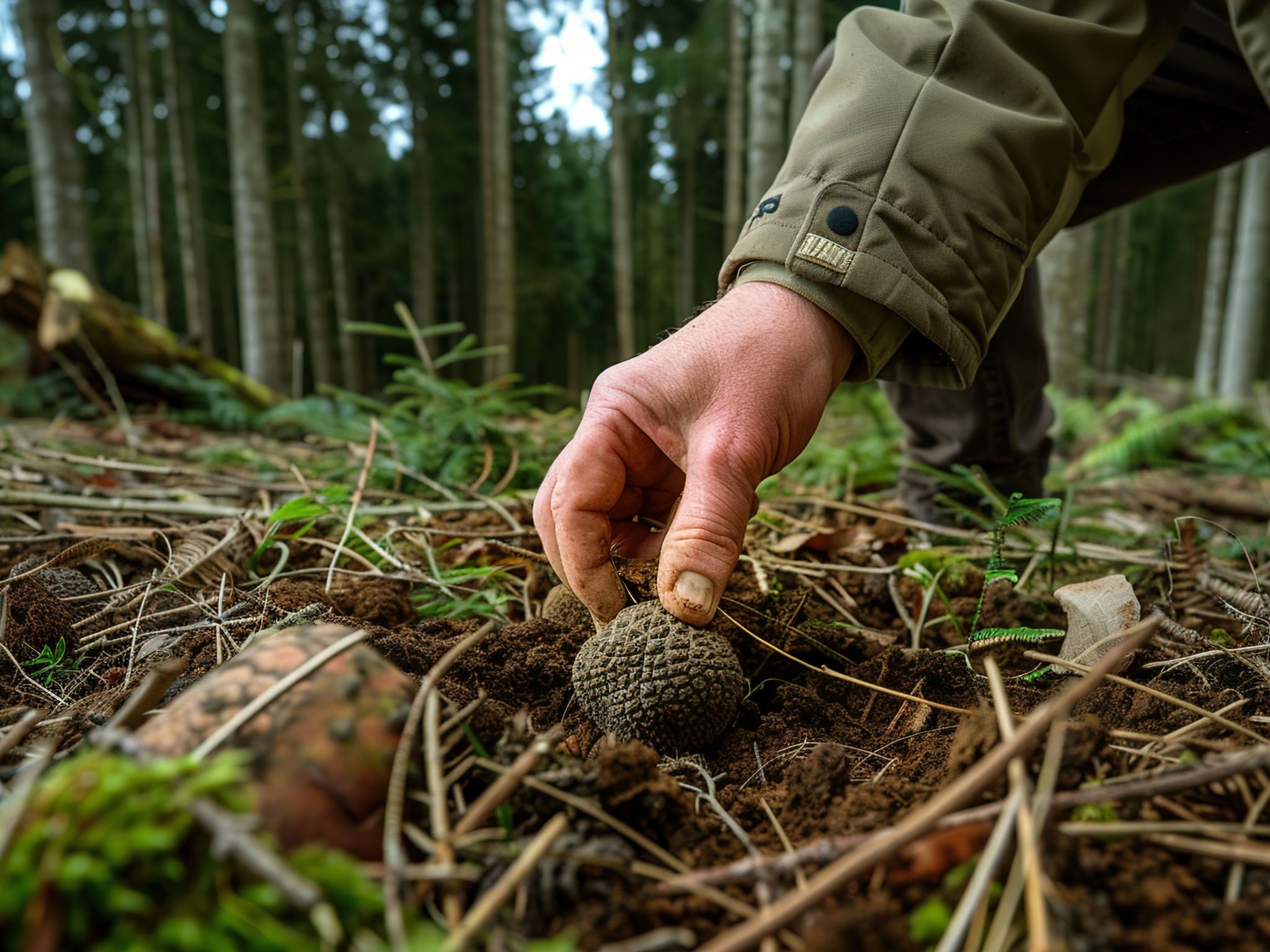 Une main touchant un objet à la texture particulière, posé sur le sol d’une forêt.
