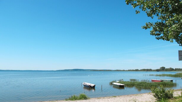 En rolig sø med både fortøjet langs bredden.