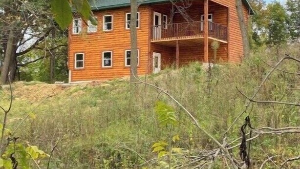 A wooden cabin with a balcony, surrounded by dense vegetation. - Wolf Creek (Edgewood)