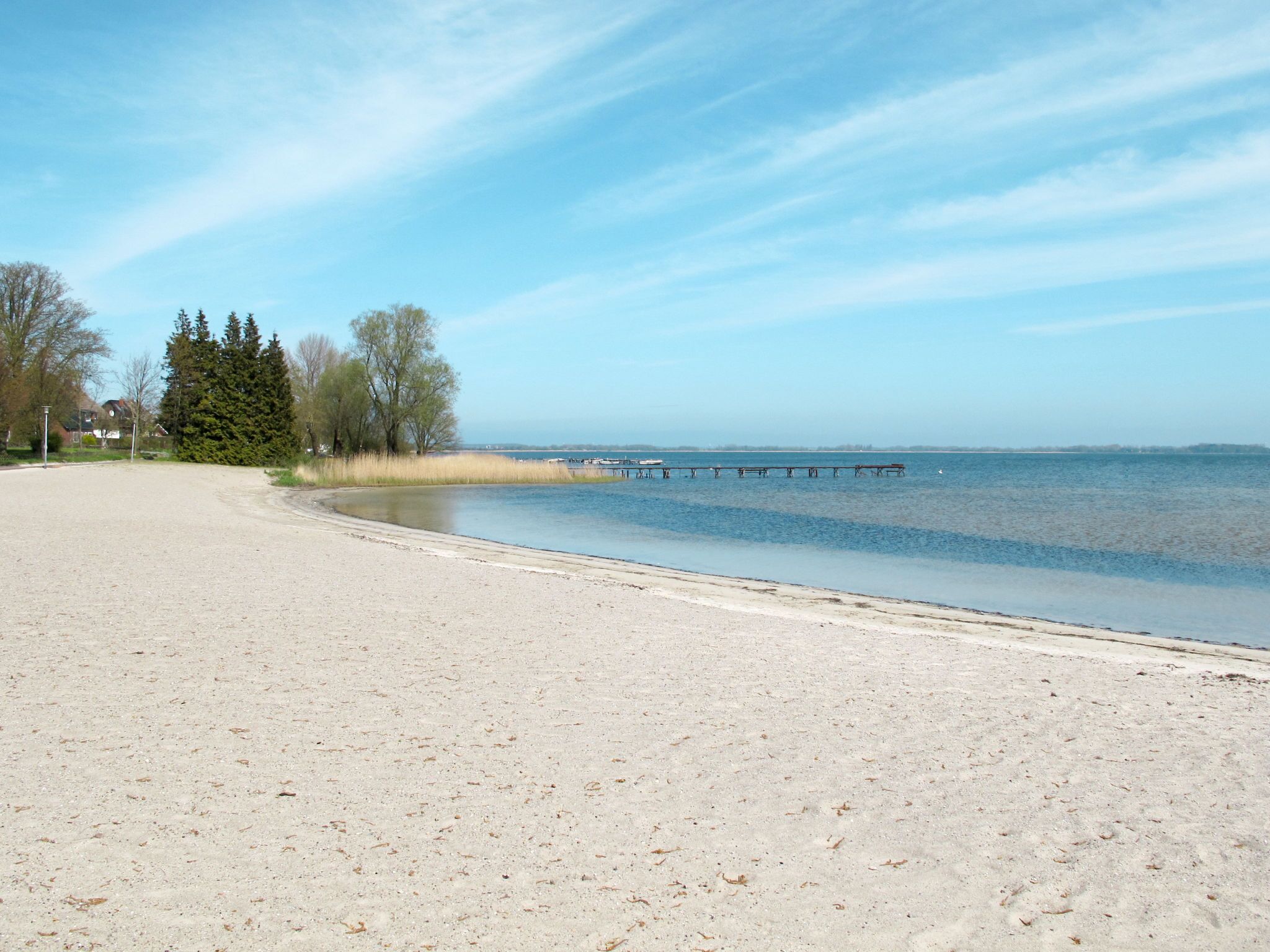 Een zandstrand met een kalme waterpartij, een houten steiger die het water in loopt, en een rij bomen op de achtergrond.