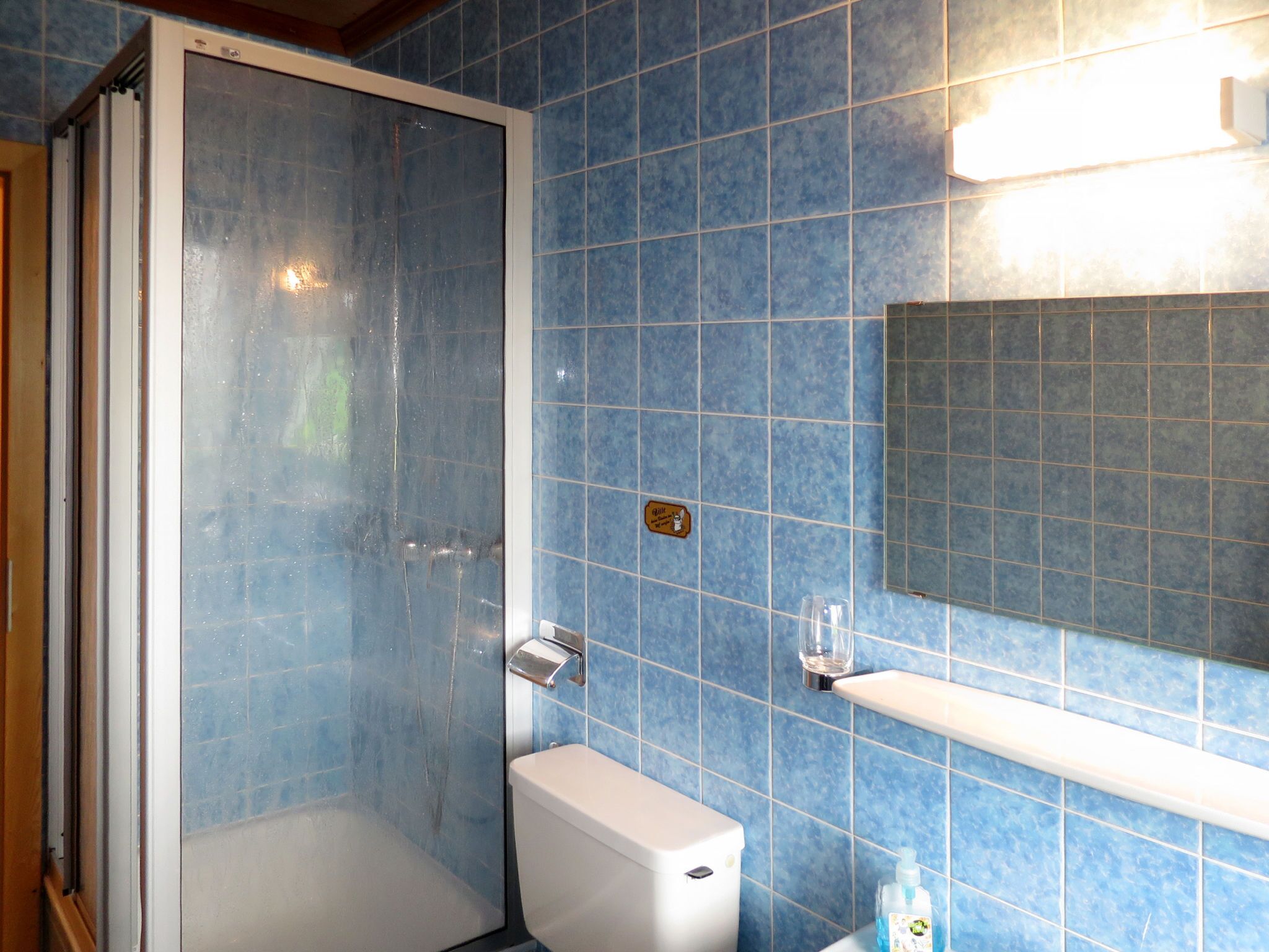 Baño con azulejos azules, inodoro blanco, cabina de ducha de vidrio y un estante pequeño con un vaso y una botella.
