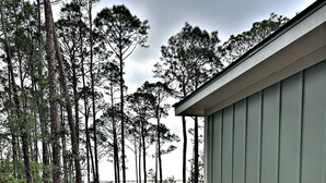 A wooden deck with a metal railing overlooking a forested area with tall trees and a body of water in the background.