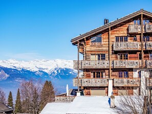A multi-story wooden building with balconies, a garage, and a view of snow-capped mountains.