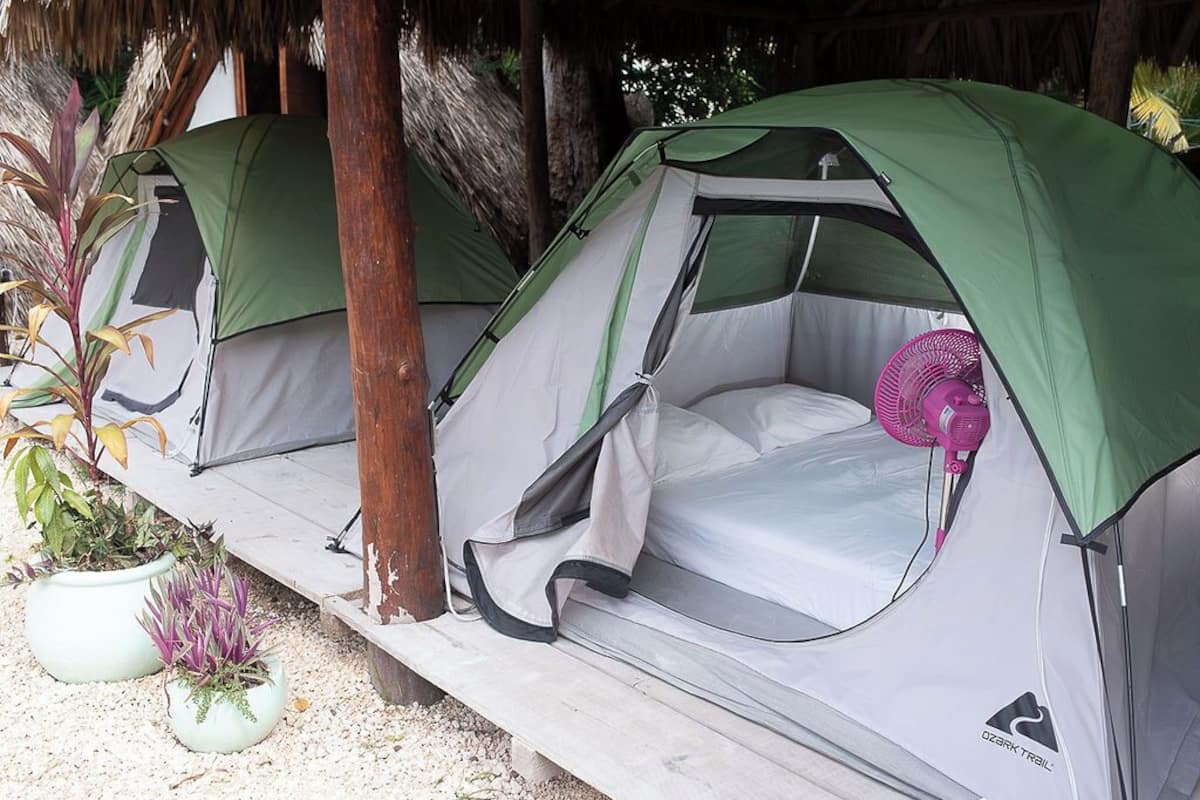 Two Ozark Trail tents with a sleeping area and a fan, set up on a wooden platform with potted plants nearby.