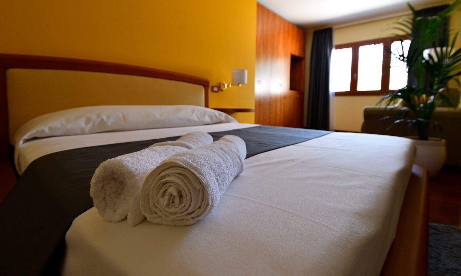 Une chambre d’hôtel avec un lit bien fait, une grande fenêtre avec des rideaux et une plante en pot.
