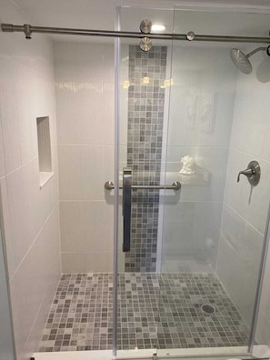 Hair dryer, towels, soap, shampoo