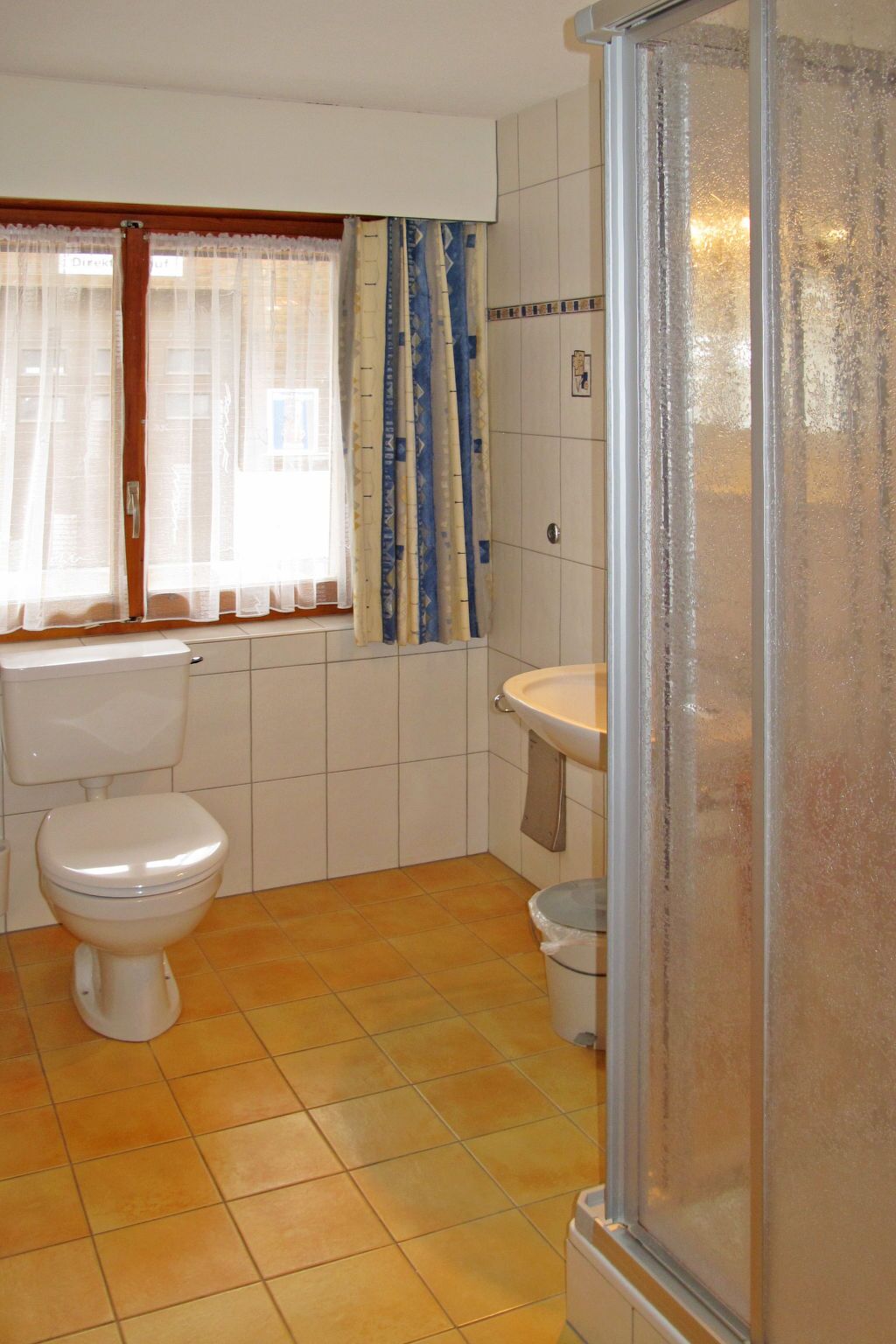 Un baño con inodoro, lavamanos y ducha.