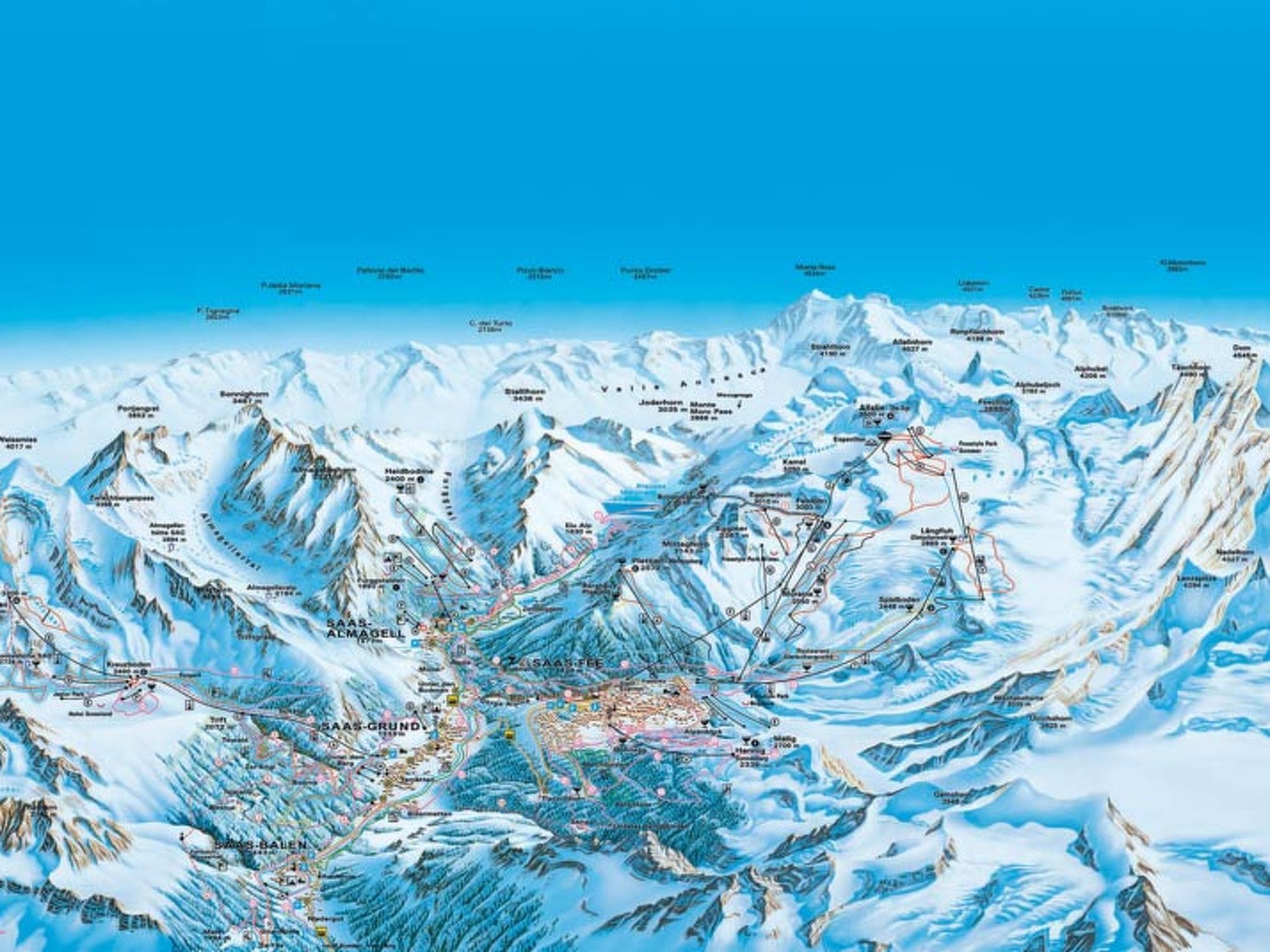 Eine detaillierte topografische Karte eines Gebirges mit markierten Skipisten, Gipfeln und Ortschaften.