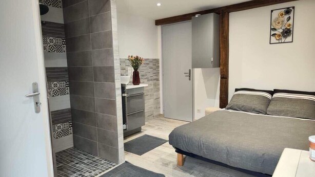 A bedroom with a bed, a bedside table, a nightstand, a dresser, and a shower area with a tiled wall and a patterned shower door. - Chambre Privée Tout Confort Dans la Campagne Auvergnate, à Proximité du PAL (Trézelles)