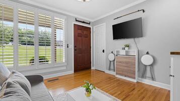 A living room with a sofa, a coffee table with a plant, a fireplace, and a TV mounted on the wall.