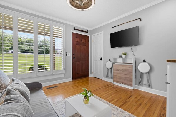 A living room with a sofa, a coffee table with a plant, a fireplace, and a TV mounted on the wall.