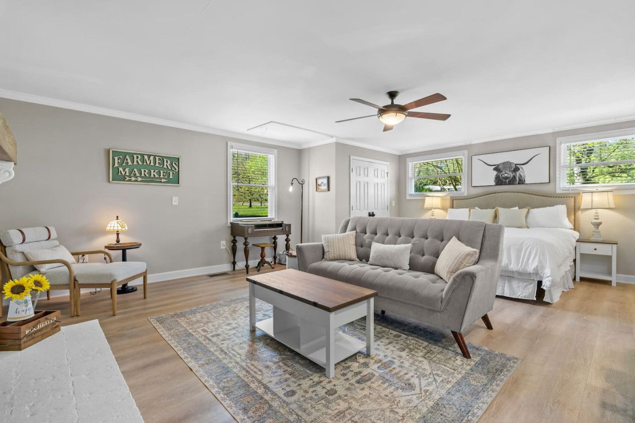 A living room with a sofa, a coffee table, a chair, a ceiling fan, and a rug.