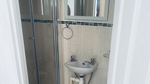 Une salle de bain avec une douche à parois de verre, un lavabo avec un miroir au-dessus et des toilettes.