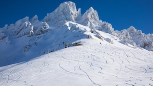 A snow-covered mountain with ski tracks and a clear blue sky. - 200m from ski slopes, 2nd floor, terrace, fireplace or stove, ski locker, 62m², Méribel-Mottaret (Méribel - Les Allues)