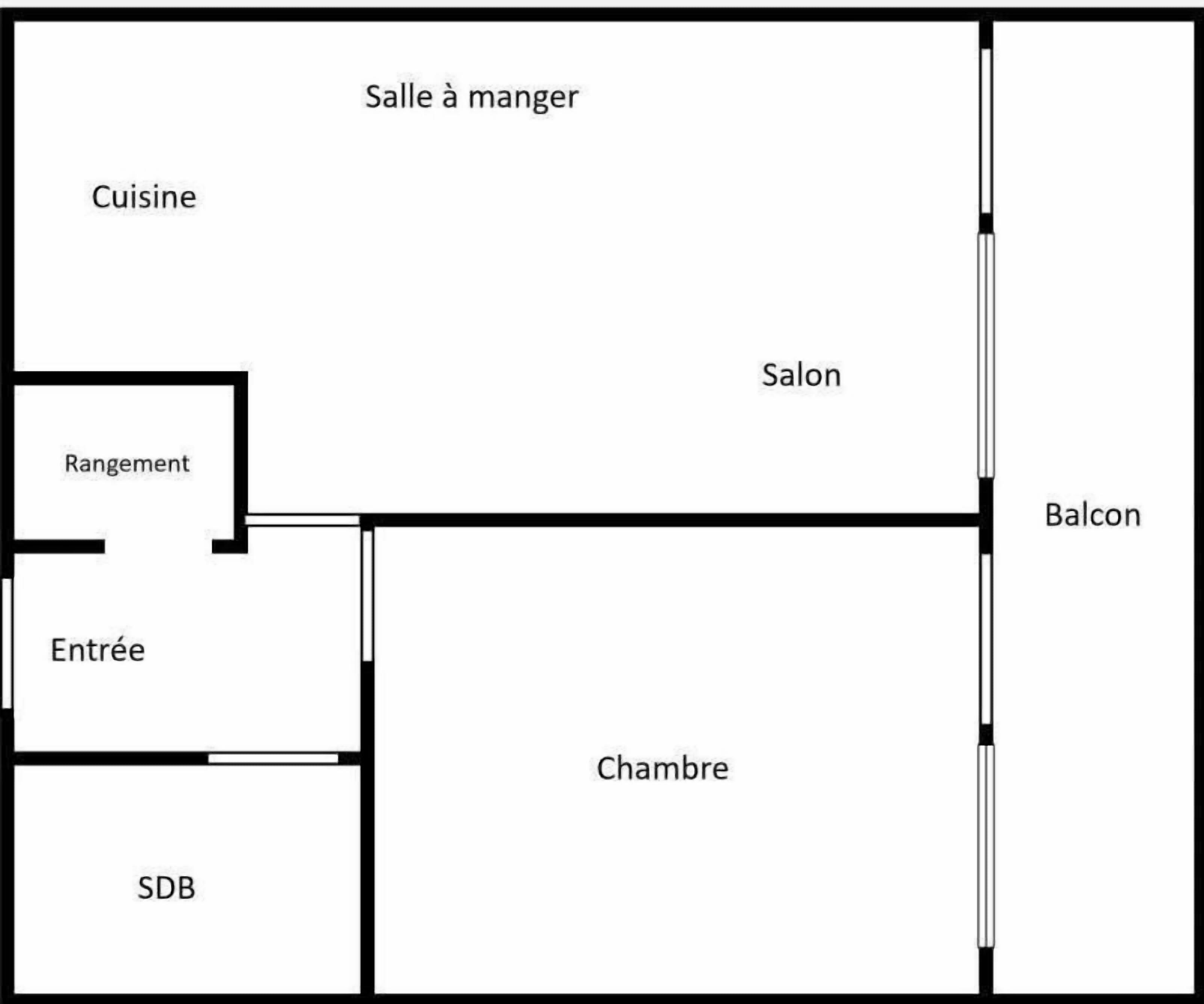 Indeling van een hotel met een eetruimte, keuken, salon, balkon, entree en slaapkamer.