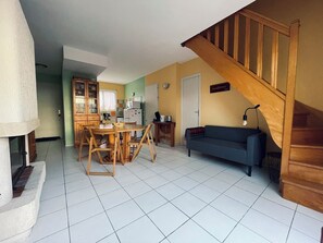 Télévision, cheminée, livres, chaîne hi-fi