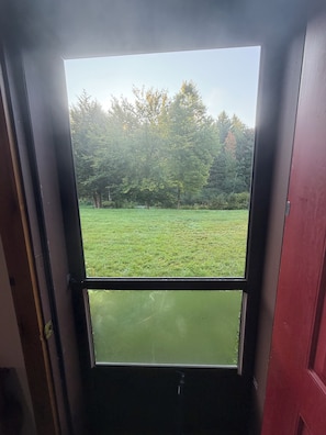 A view through a window with a green field and trees outside.