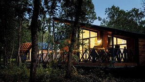 A cabin with large windows, a wooden deck, and a fire inside. - Lion's Forest #4 (Burgas)