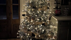 A Christmas tree with lights and ornaments, placed in a room with a wooden floor and a door in the background. -  Forget your worries in this spacious and serene space. (Copperas Cove)