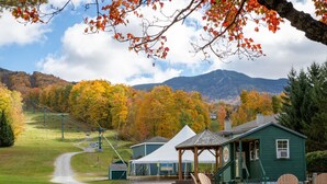 Un chalet vert doté d’un belvédère, d’un espace pique-nique couvert et d’un mur en pierre agrémenté de bancs.