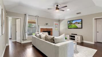 Smart TV, chimenea y libros