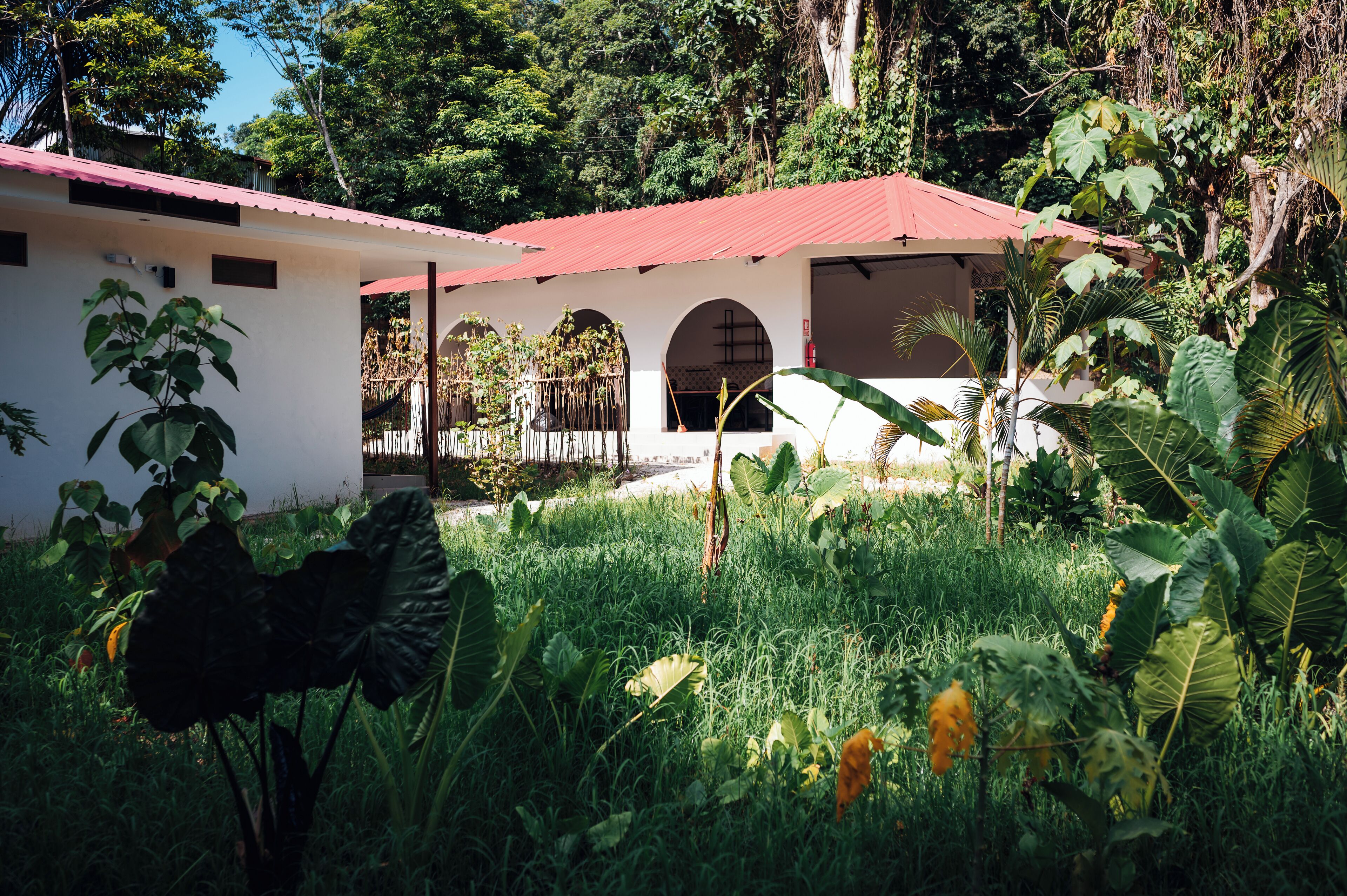 A building with a red roof and white walls, surrounded by lush greenery.