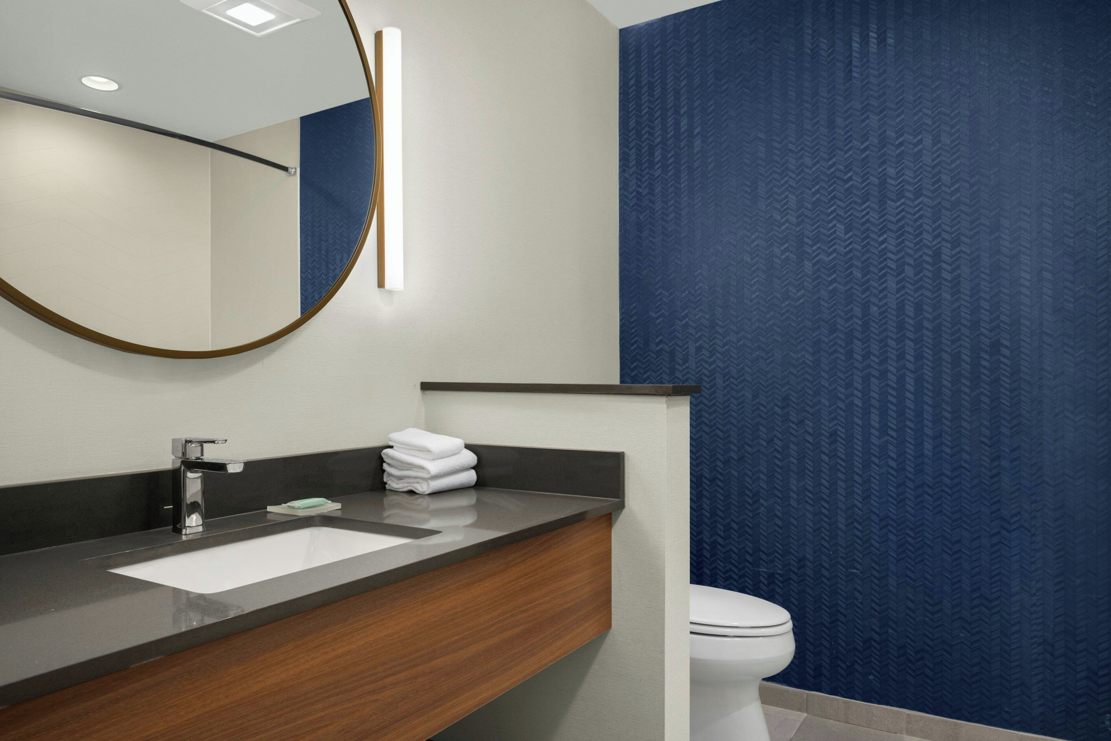 Une salle de bain moderne avec un meuble-lavabo en bois foncé, un lavabo blanc et des toilettes.