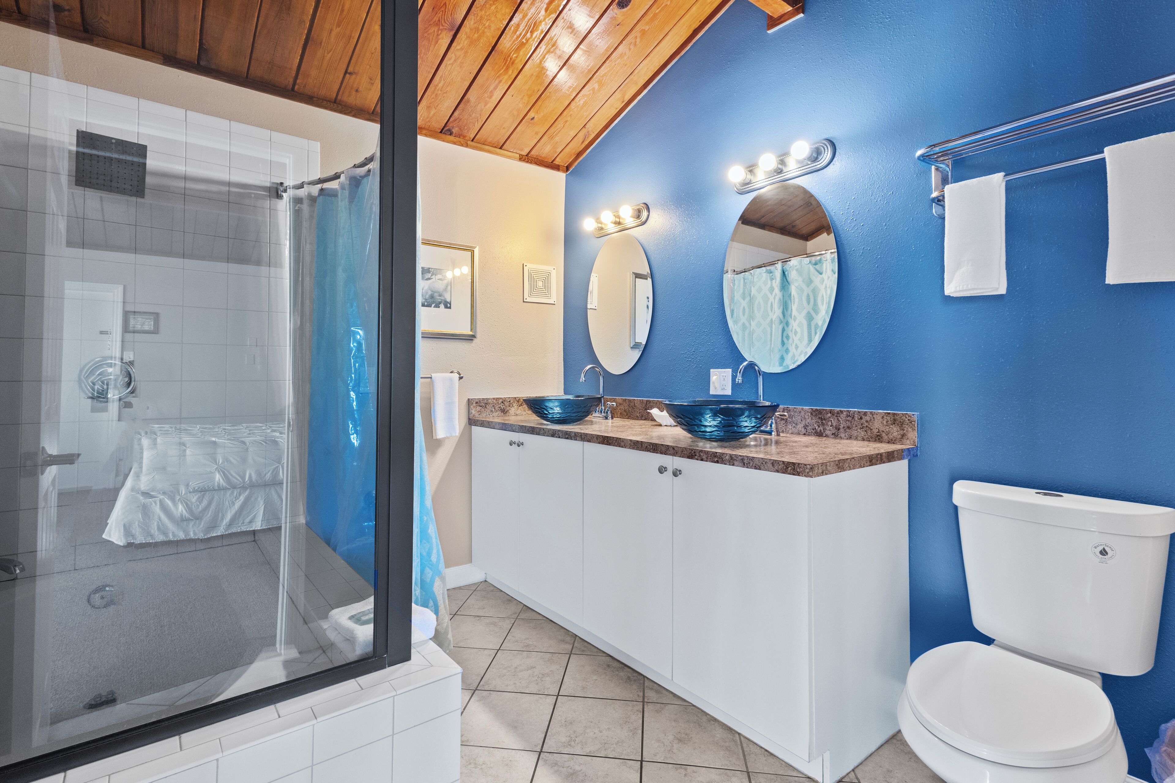 A bathroom with a shower, two sinks, a toilet, and a mirror.