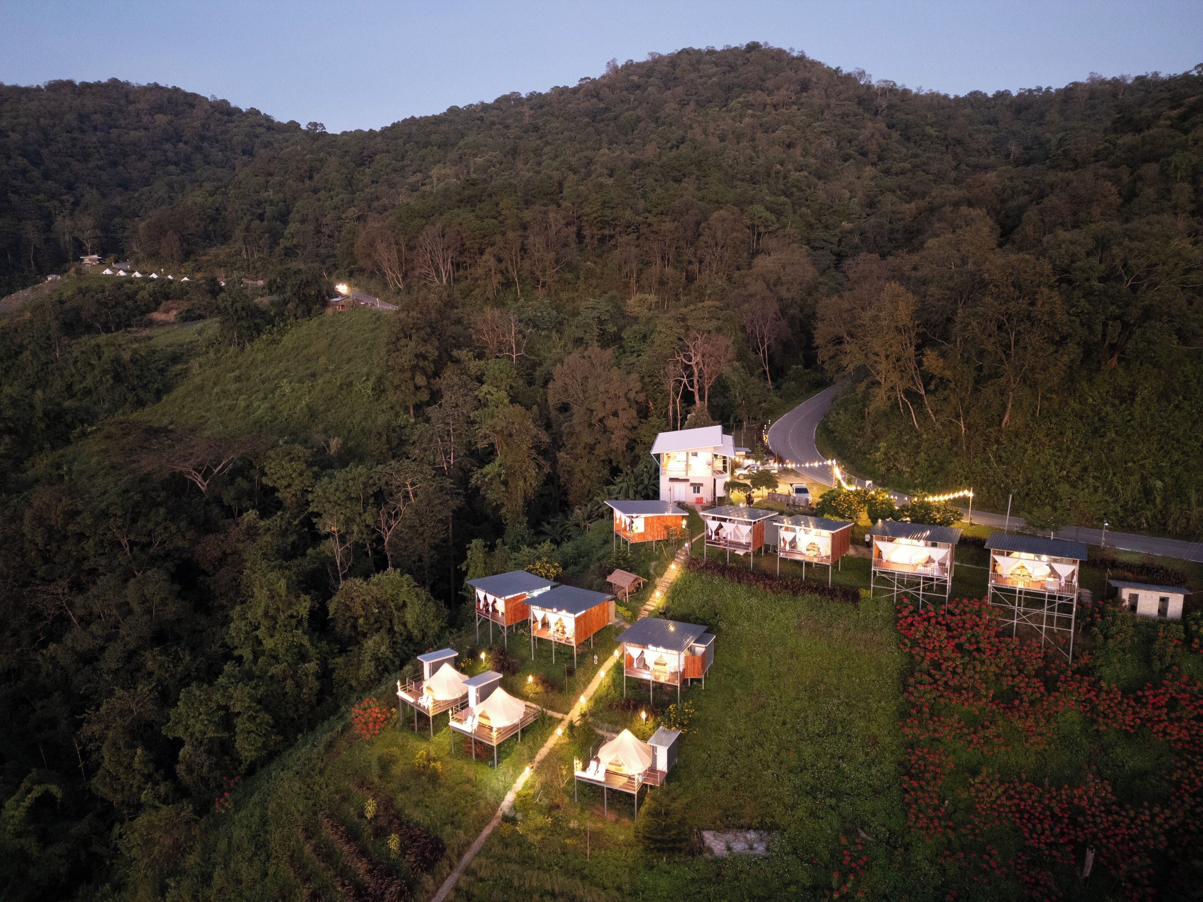 Un ensemble de chalets situés dans une zone boisée, avec un chemin sinueux menant à un bâtiment principal.