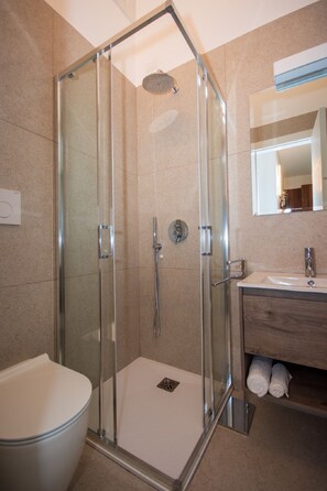 Un baño moderno con ducha envuelta en vidrio, inodoro blanco y lavamanos con espejo superior.