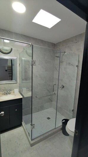 Hair dryer, towels, soap, shampoo