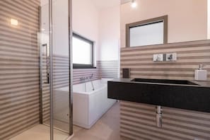 Hair dryer, bidet, towels, soap