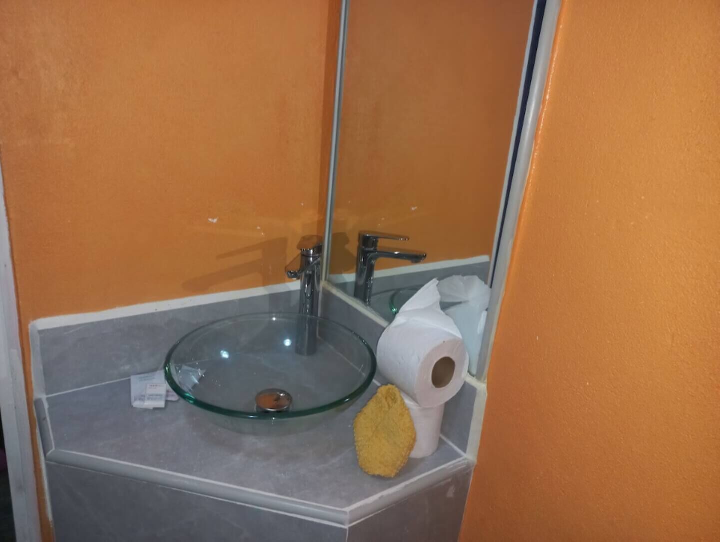 Une salle de bain avec un lavabo en verre, un miroir et un rouleau de papier toilette.
