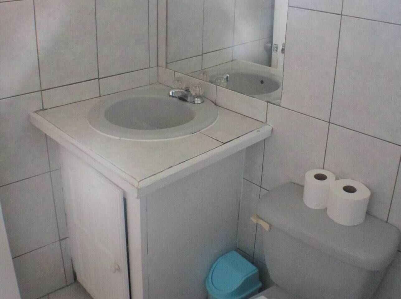 Un bany petit amb un lavabo, un mirall, un vàter i dues caixes de paper higiènic.