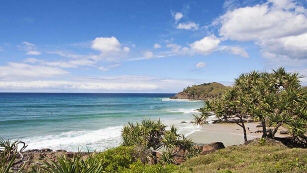 A coastal landscape with a beach, ocean, and a hill with vegetation.