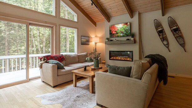 Un salon chaleureux avec une cheminée, de grandes fenêtres et une vue sur la forêt.