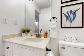 A bathroom with a large mirror above the sink, a toilet, and a potted plant on the countertop.