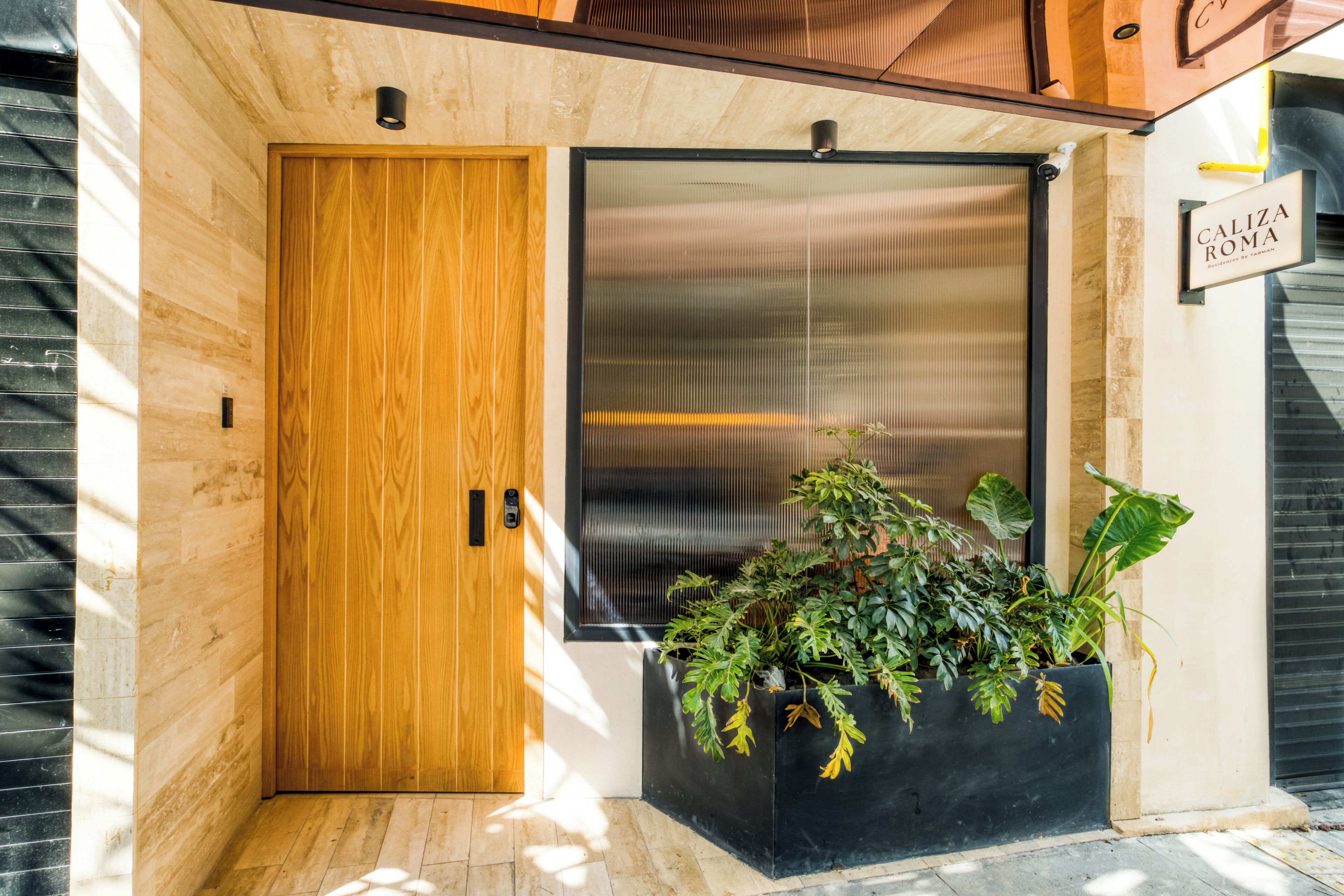 A modern entrance with a wooden door, a large glass window, and a planter with green plants.