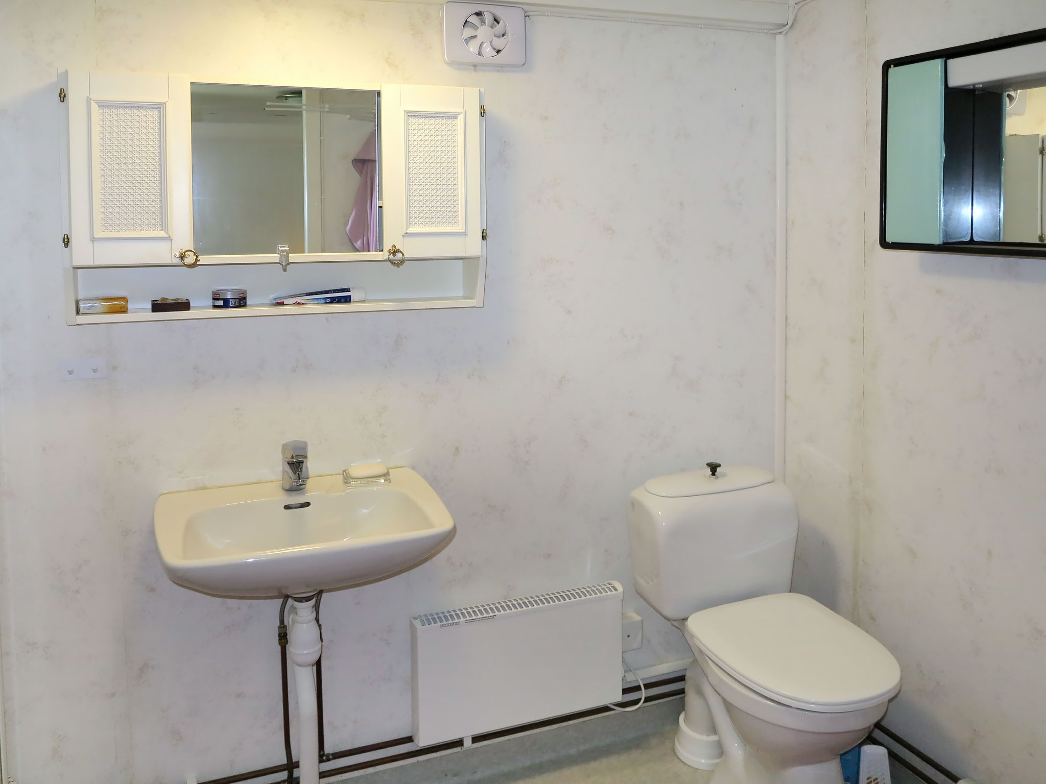 A bathroom with a white sink, a toilet, and a mirror above the sink.