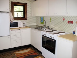 Fridge, microwave, oven, cookware/dishes/utensils