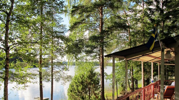 Un pontile in legno con ringhiera che si affaccia su un lago, circondato da alberi.