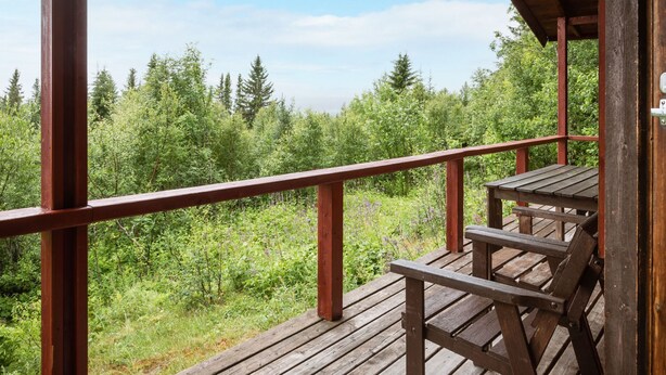 A wooden deck with a railing, overlooking a forested area. - Högvallen Emma Elden by Interhome (Åre)